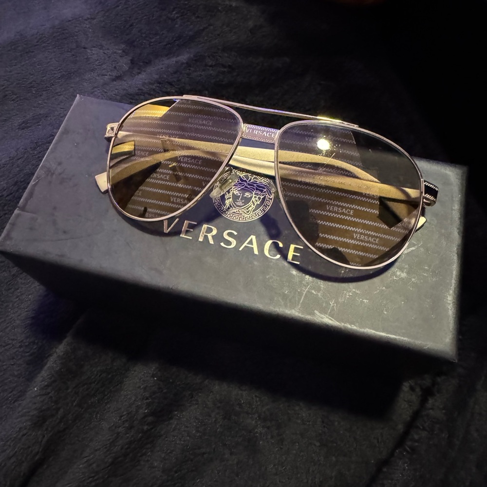 Versace Gold Aviator Sunglasses Logo Print Lenses